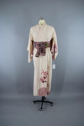 1940s Vintage Silk Kimono Robe /  Ivory Pink Mauve Floral