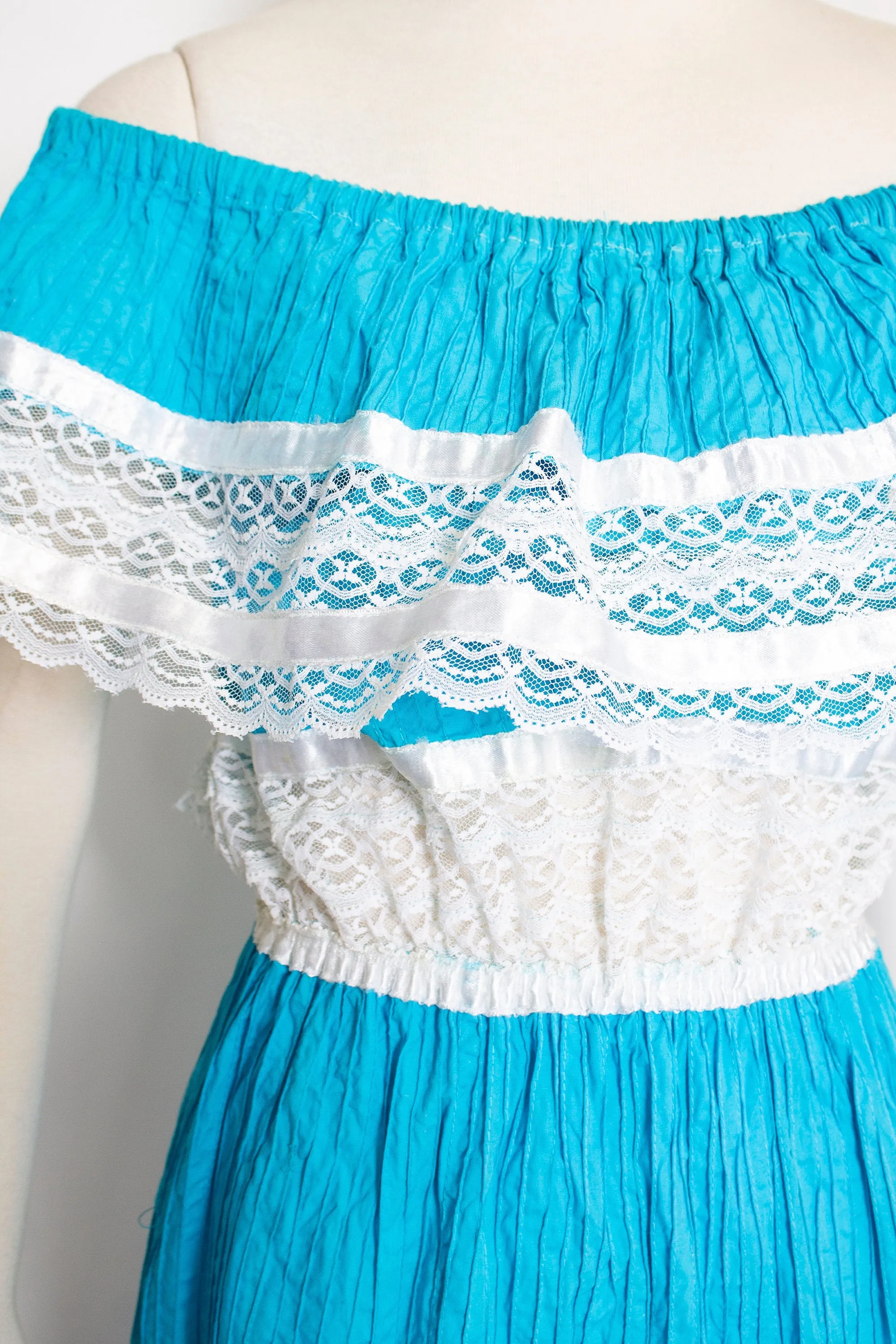1970s Dress Mexican Lace Teal Pin Tucked Maxi Off Shoulder L