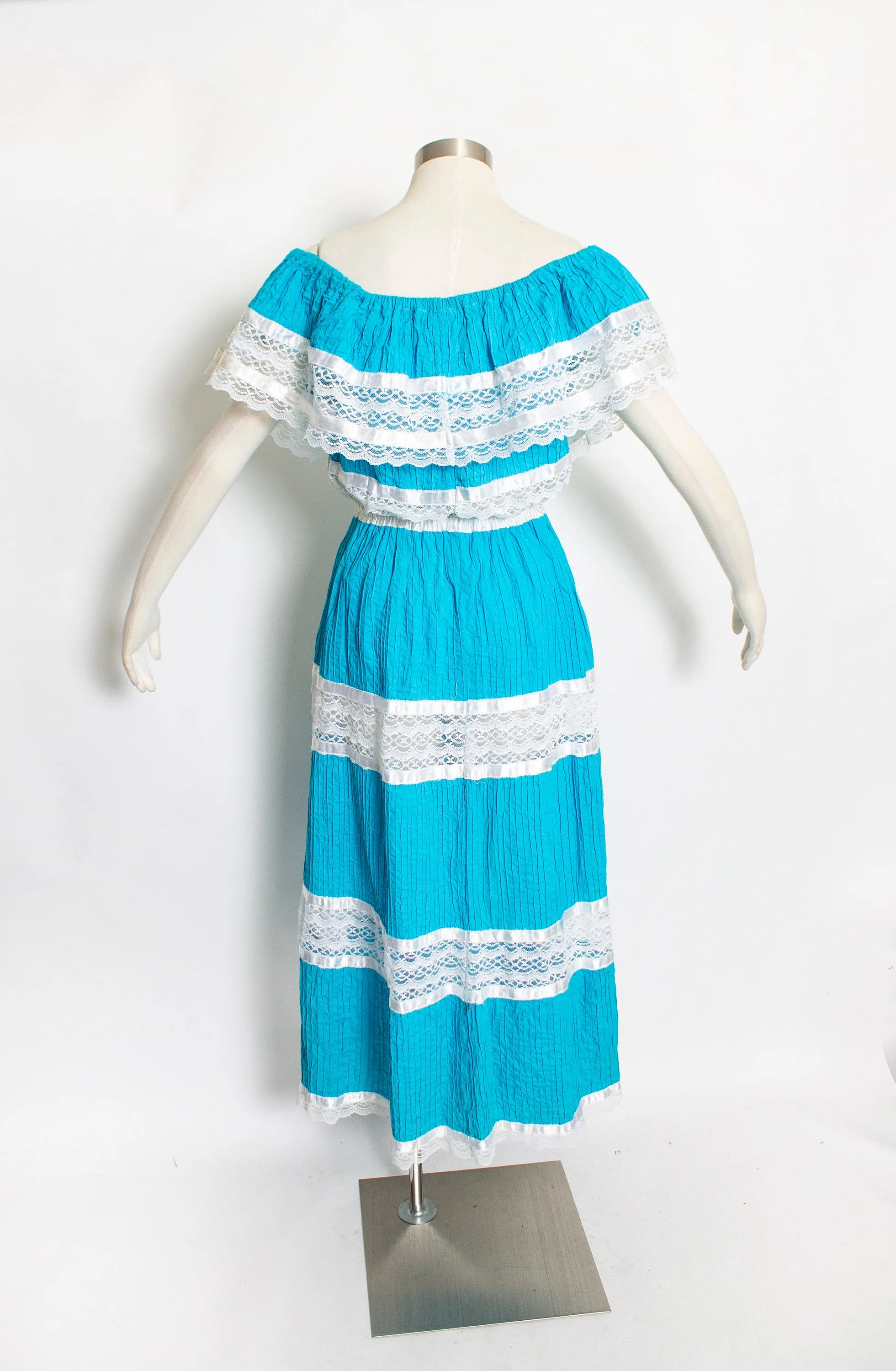 1970s Dress Mexican Lace Teal Pin Tucked Maxi Off Shoulder L