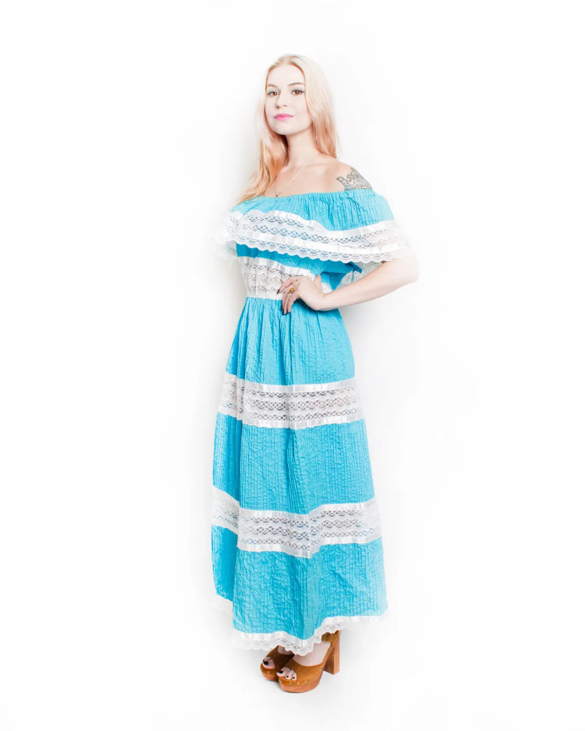 1970s Dress Mexican Lace Teal Pin Tucked Maxi Off Shoulder L