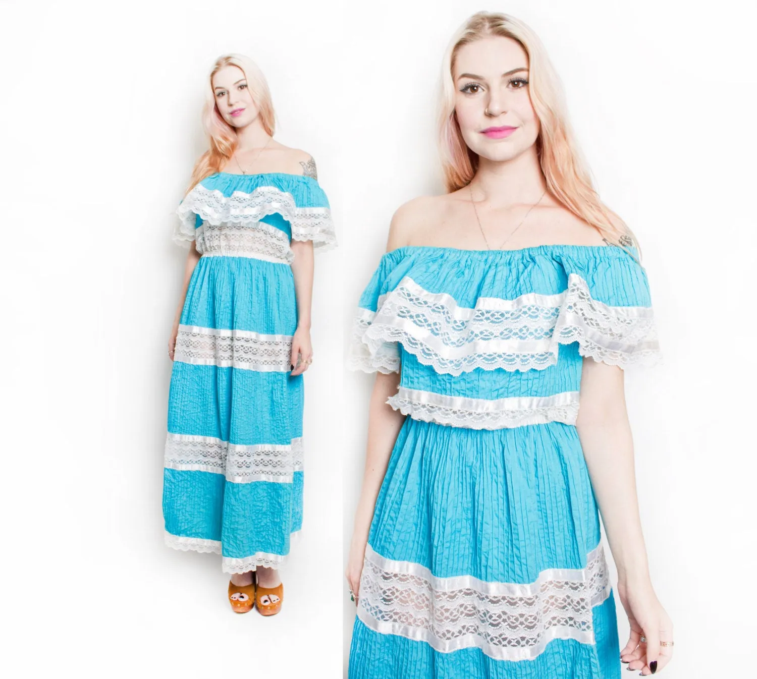 1970s Dress Mexican Lace Teal Pin Tucked Maxi Off Shoulder L
