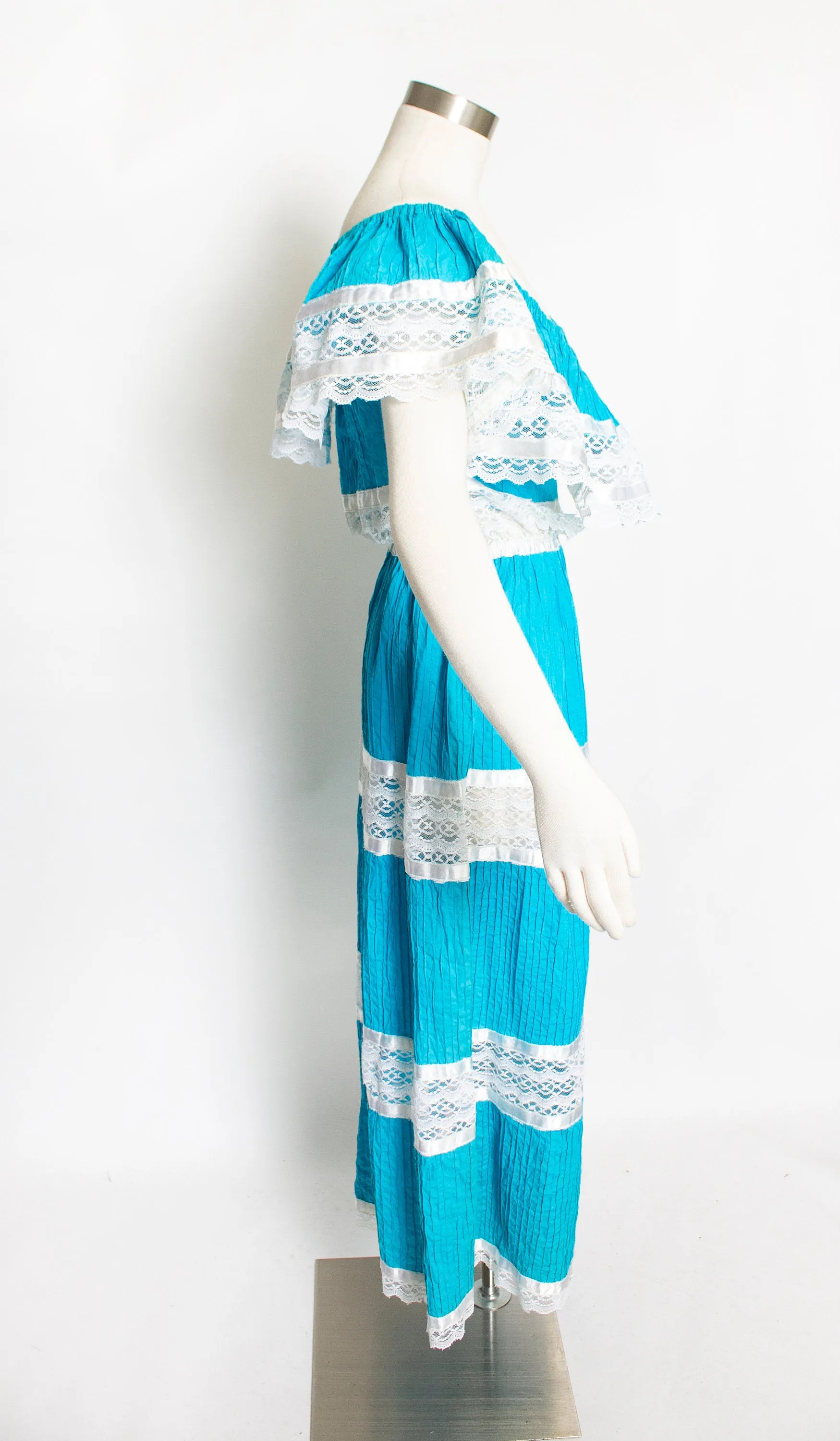 1970s Dress Mexican Lace Teal Pin Tucked Maxi Off Shoulder L