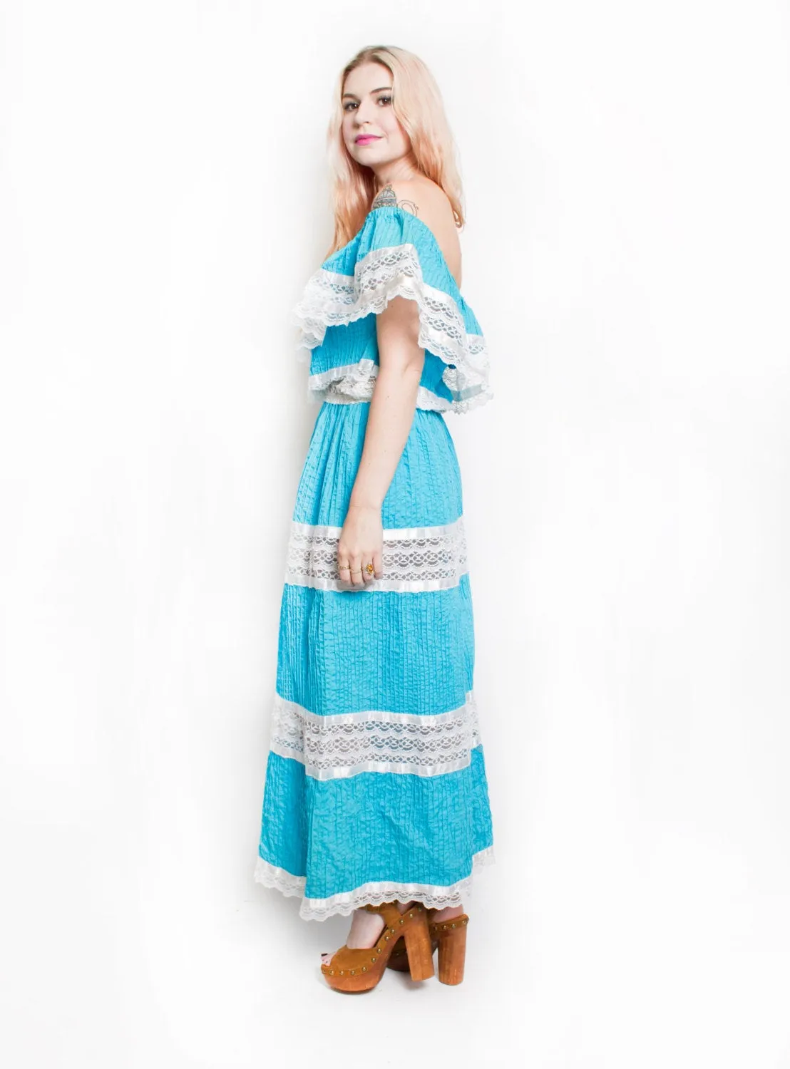 1970s Dress Mexican Lace Teal Pin Tucked Maxi Off Shoulder L