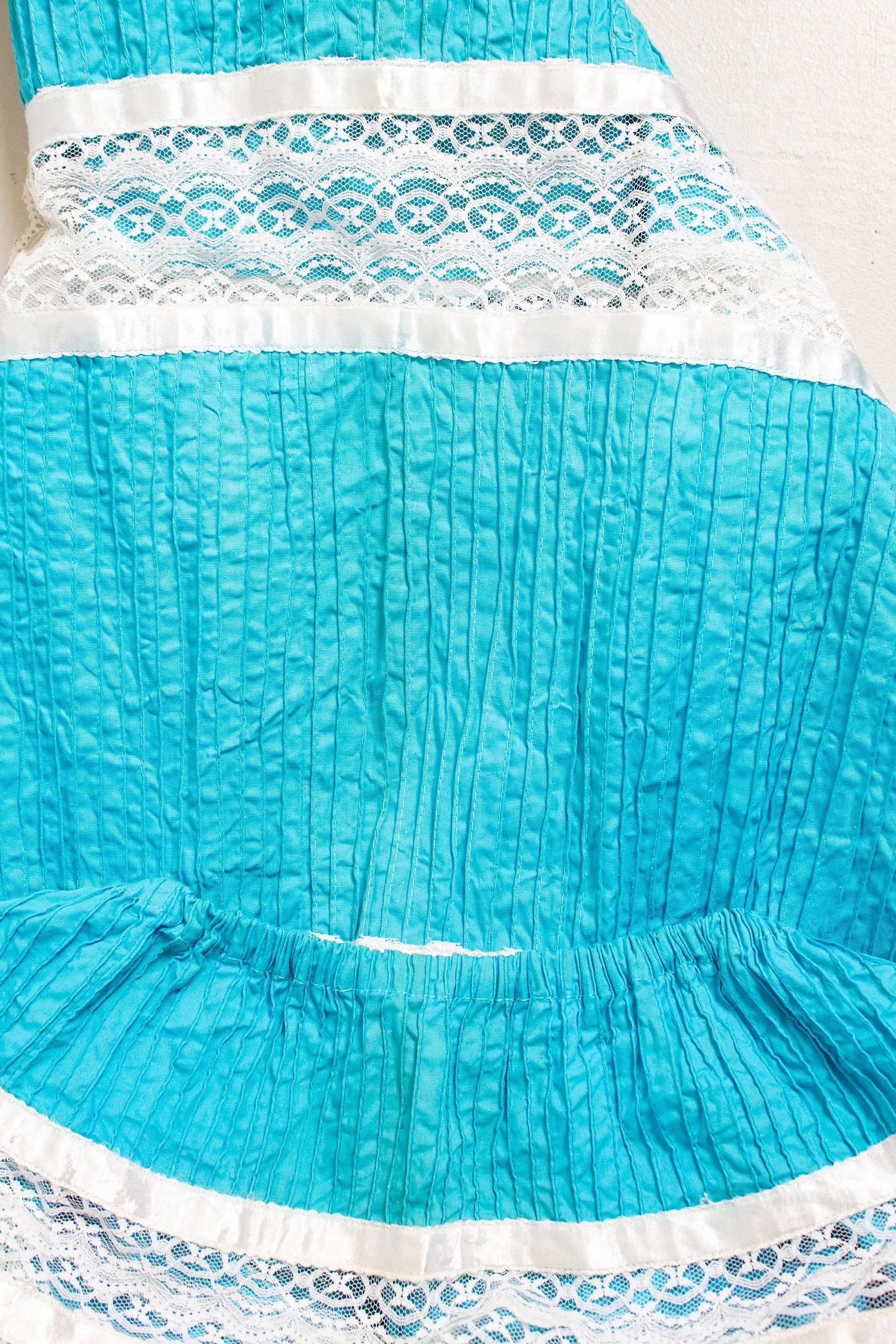 1970s Dress Mexican Lace Teal Pin Tucked Maxi Off Shoulder L
