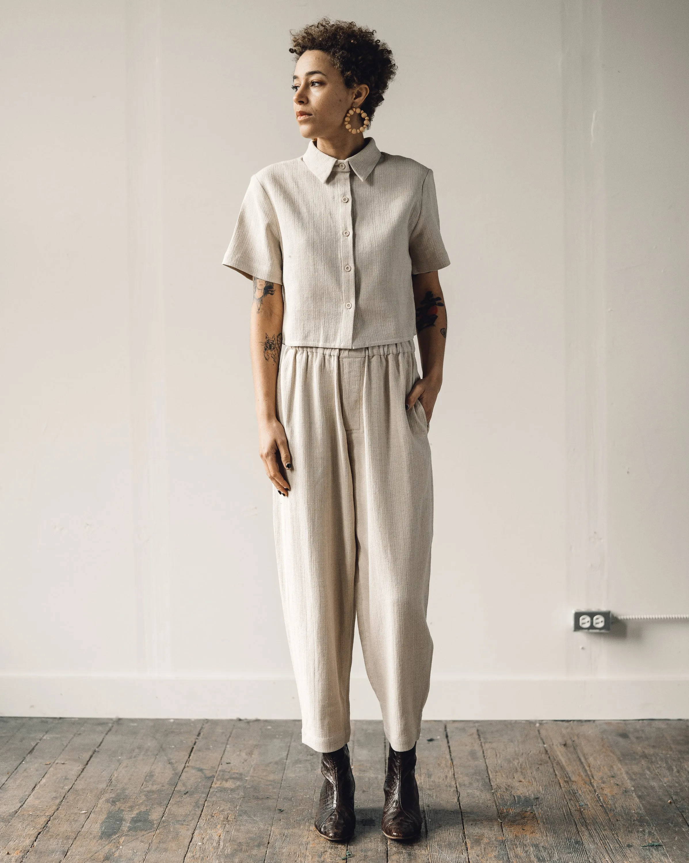 7115 Cropped Button Down, Oatmeal