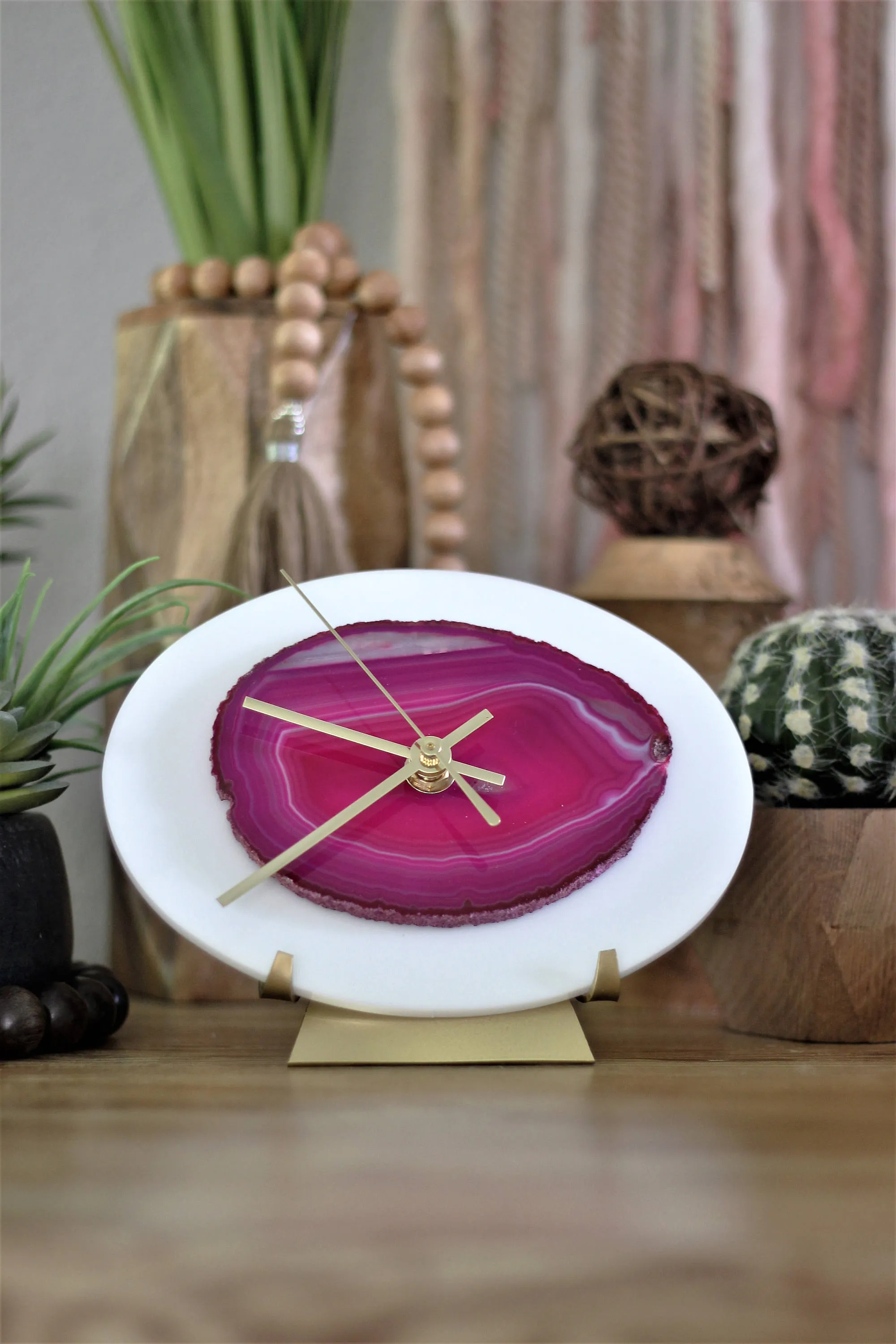 7" Pink Agate Desk Clock