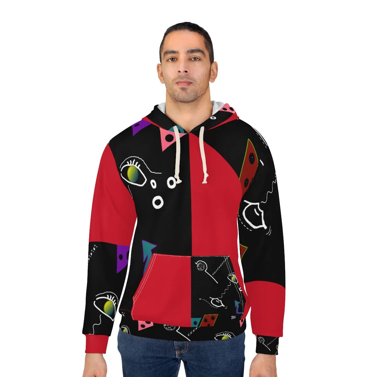AOP Unisex Pullover Hoodie FACE DOODLES RED