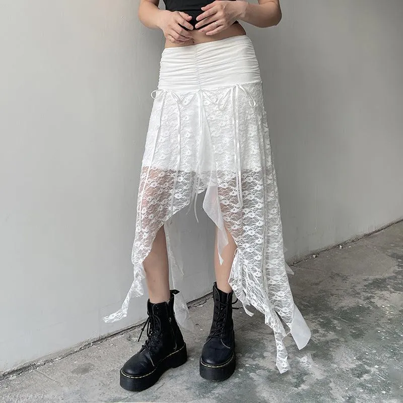 Asymmetrical Textured Lace Ruffled  Midi Skirt