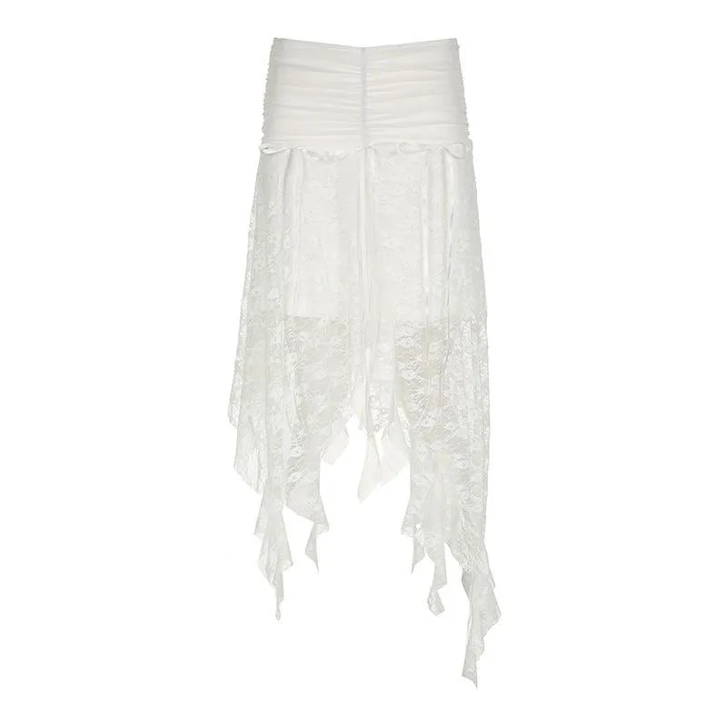 Asymmetrical Textured Lace Ruffled  Midi Skirt