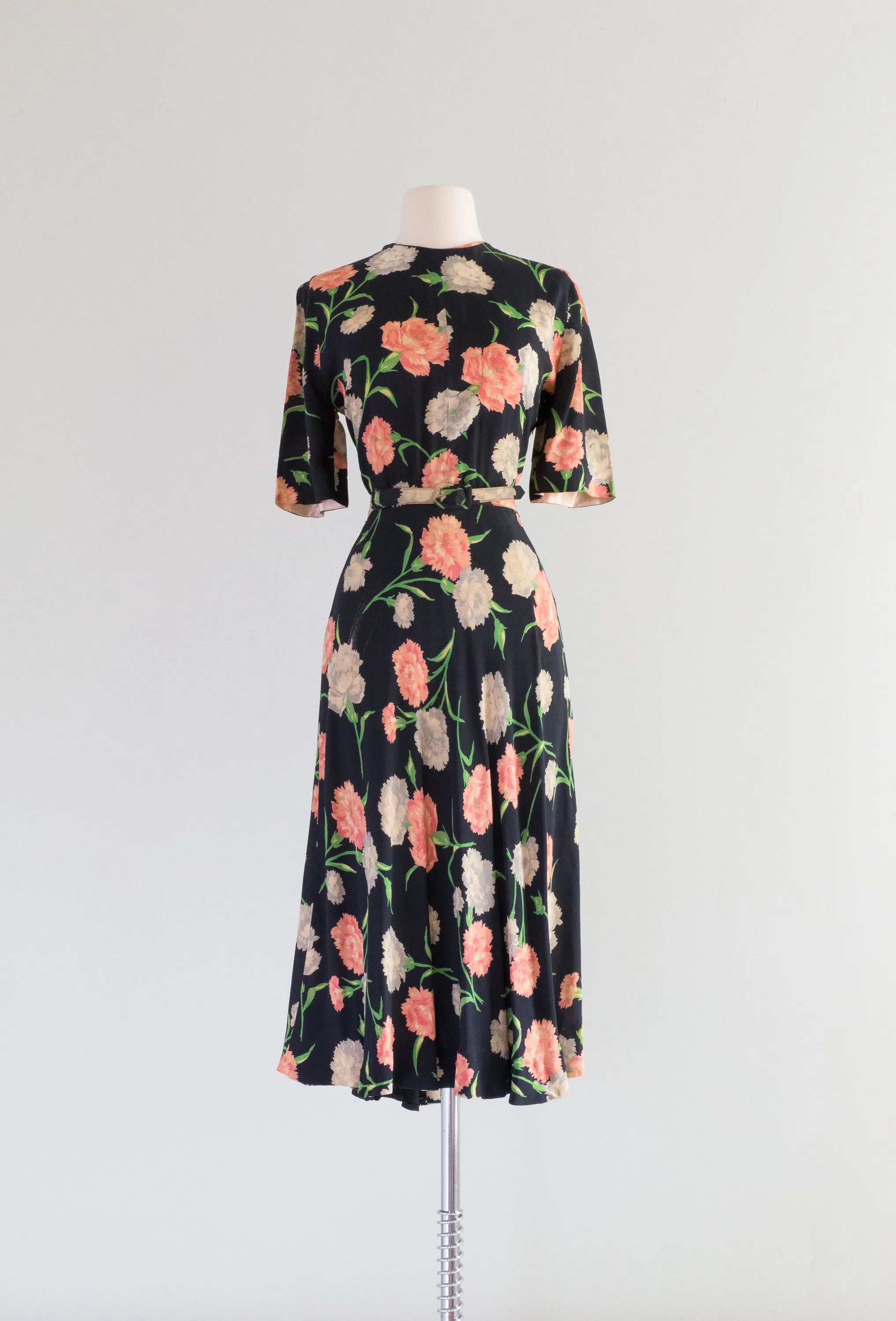 Beautiful 1940's Navy Blue Rayon Dress With Carnations by Hannah Troy / Medium