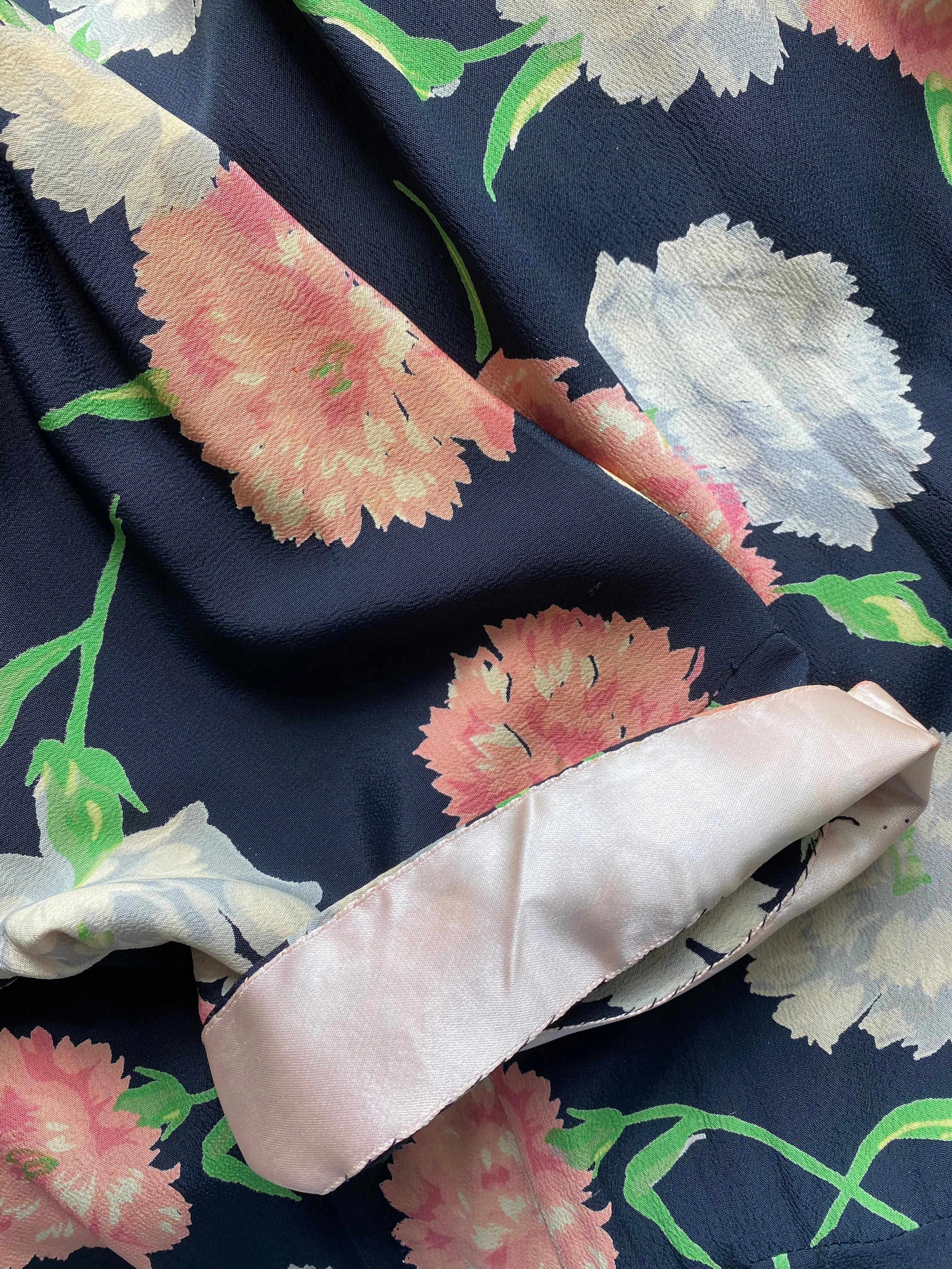 Beautiful 1940's Navy Blue Rayon Dress With Carnations by Hannah Troy / Medium