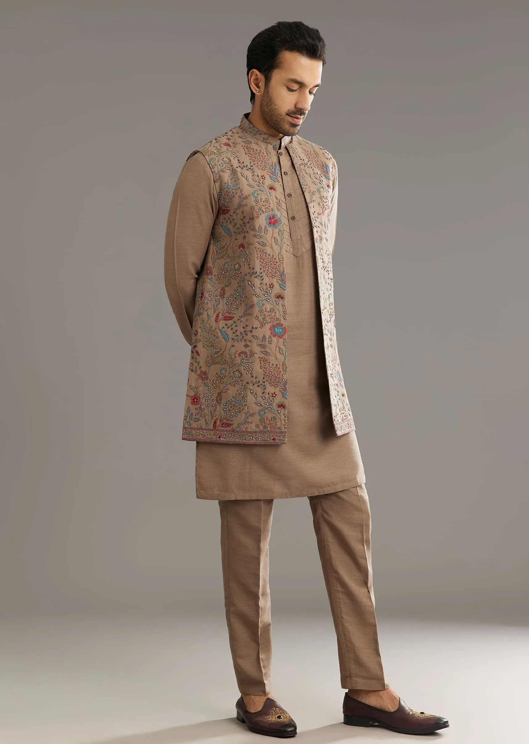 Beige Cotton Silk Kurta Jacket Set With Thread And Bead Work