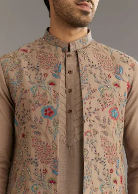 Beige Cotton Silk Kurta Jacket Set With Thread And Bead Work