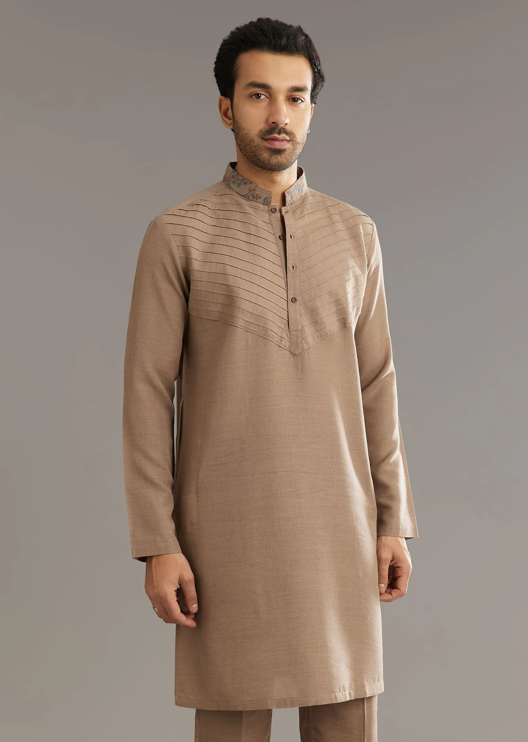 Beige Cotton Silk Kurta Jacket Set With Thread And Bead Work