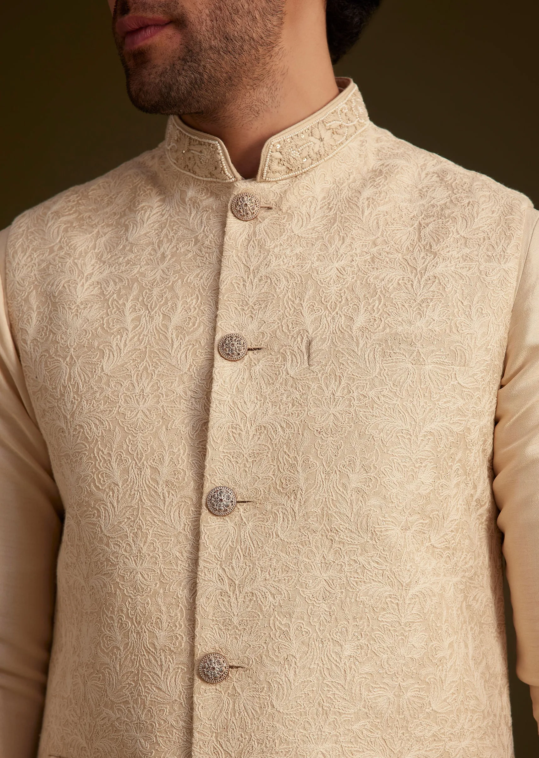 Beige Jacquard Nehru Jacket Set