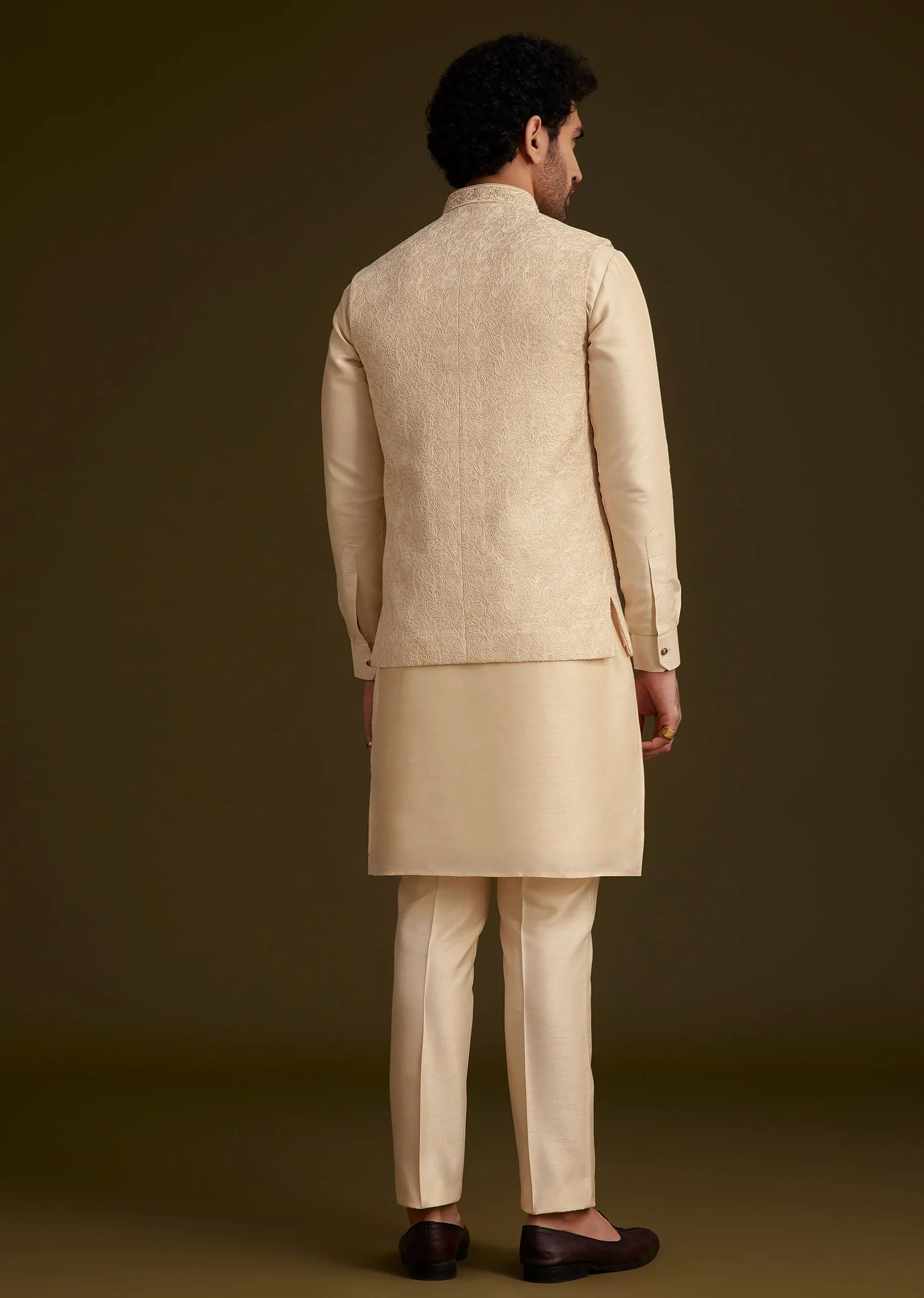 Beige Jacquard Nehru Jacket Set