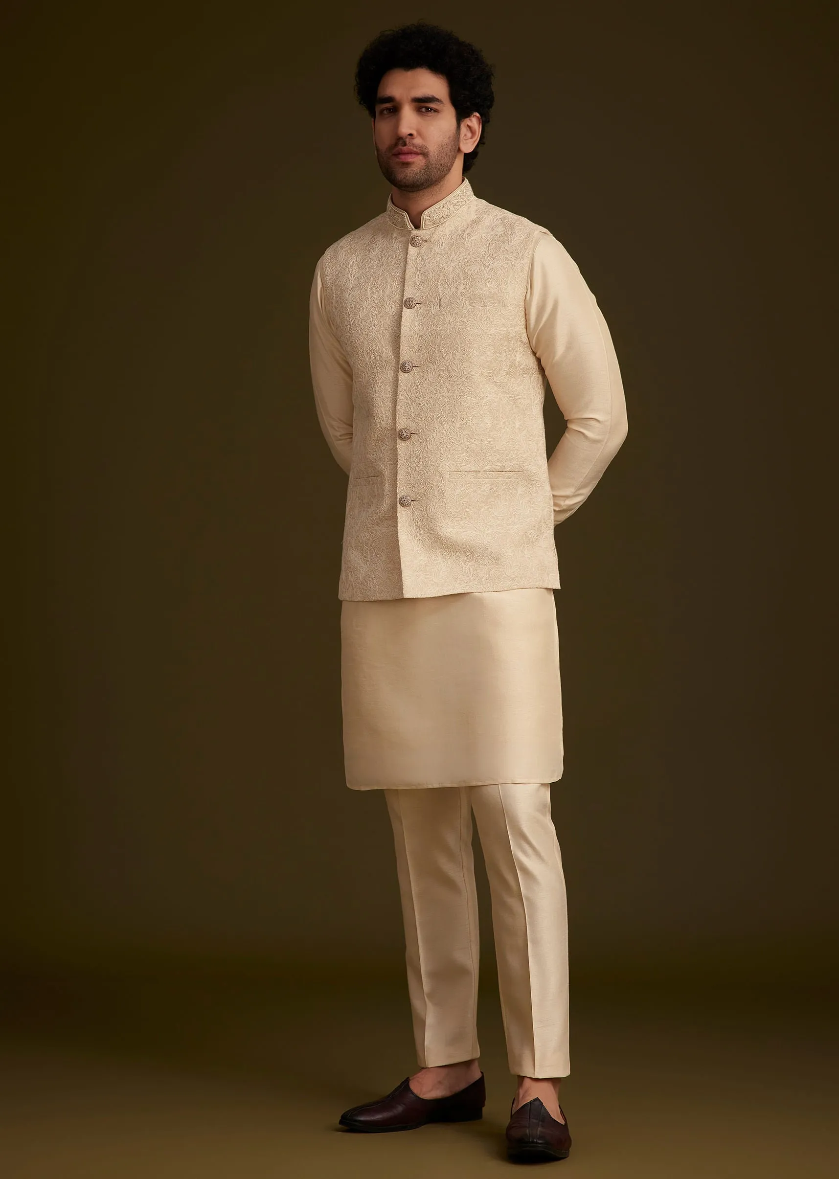 Beige Jacquard Nehru Jacket Set