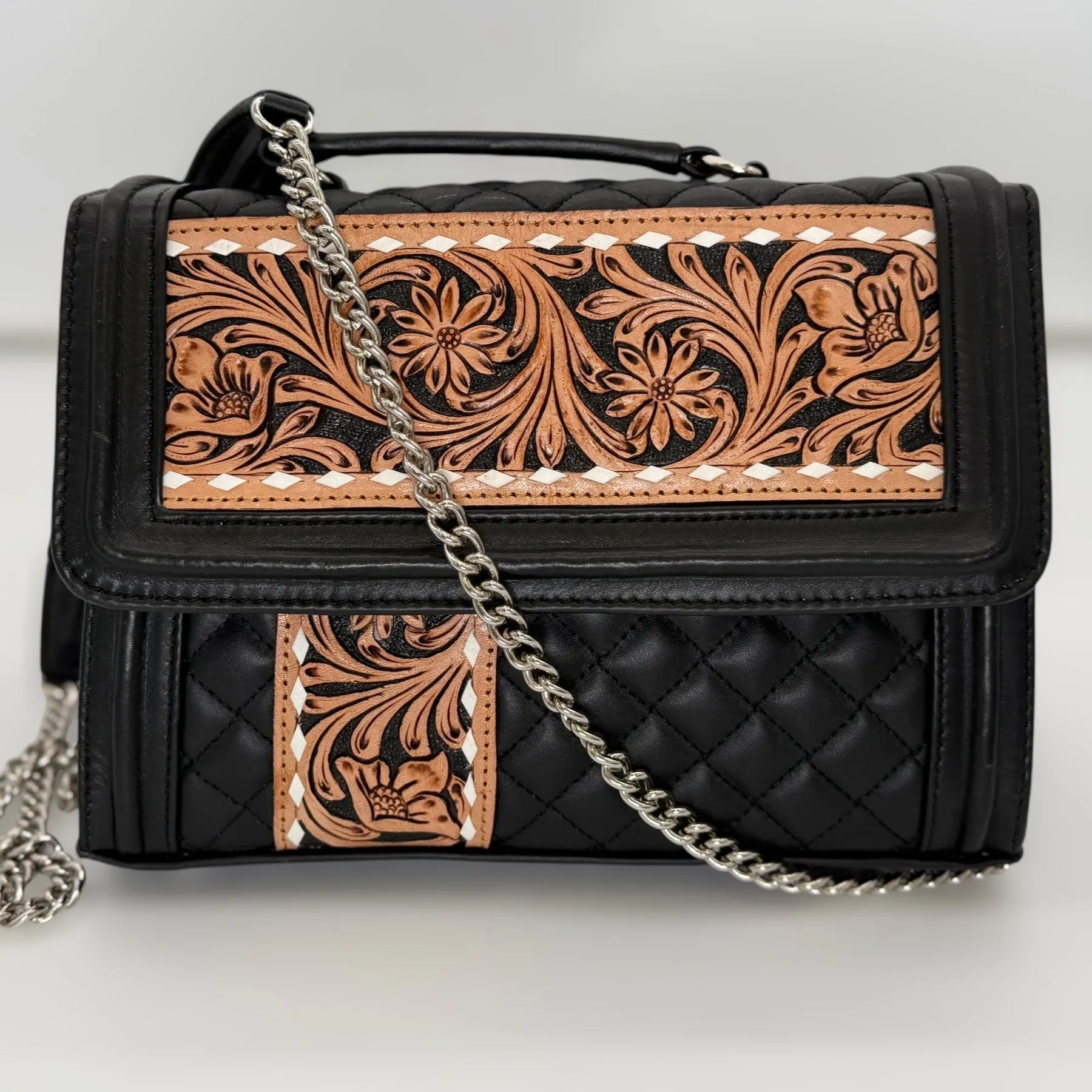 Black Rose Quilted Leather Hand-Tooled Accented Purse with Chain Strap