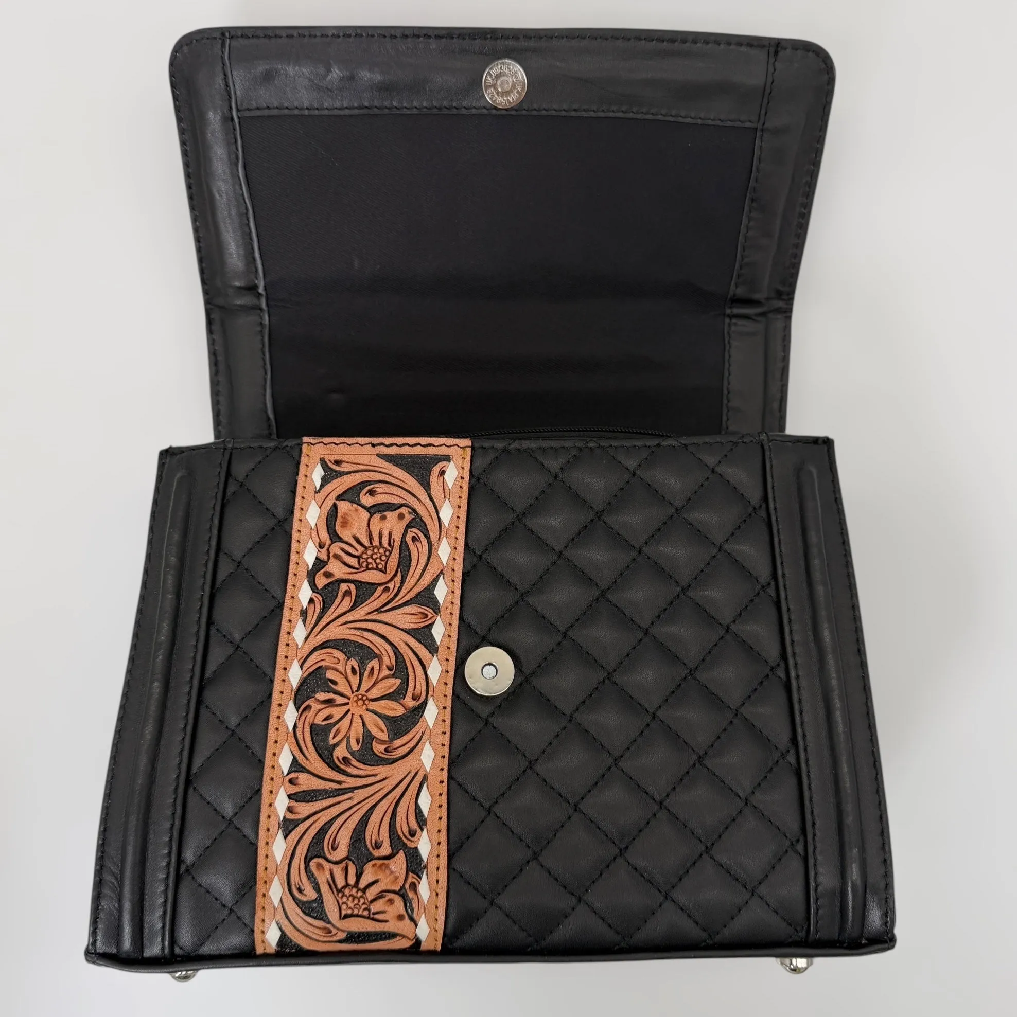 Black Rose Quilted Leather Hand-Tooled Accented Purse with Chain Strap
