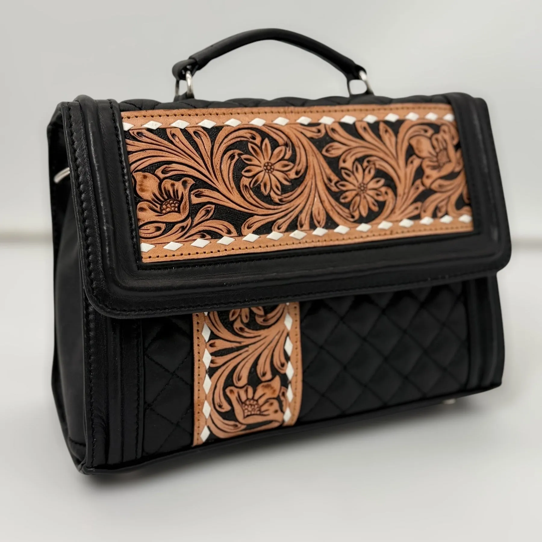 Black Rose Quilted Leather Hand-Tooled Accented Purse with Chain Strap