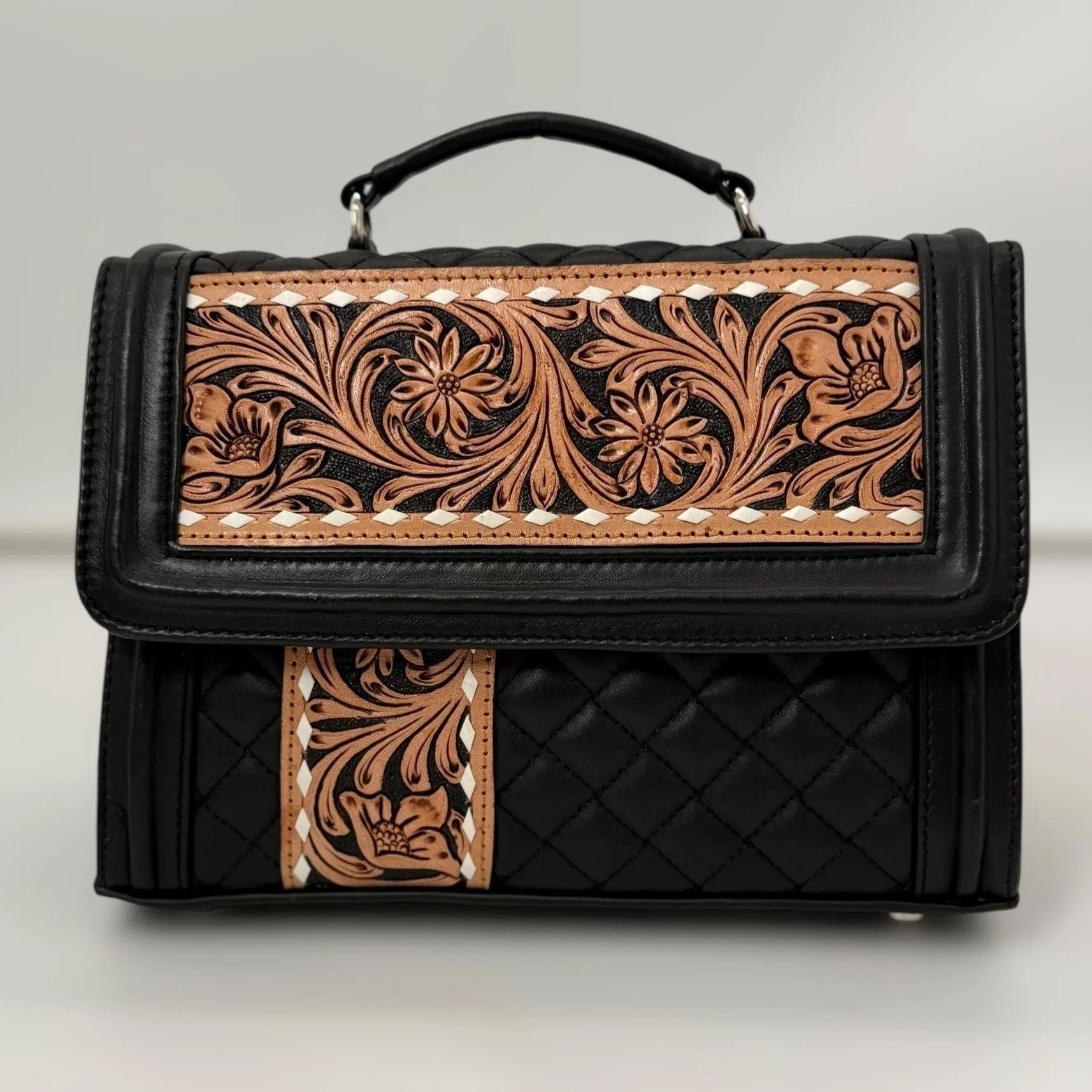 Black Rose Quilted Leather Hand-Tooled Accented Purse with Chain Strap