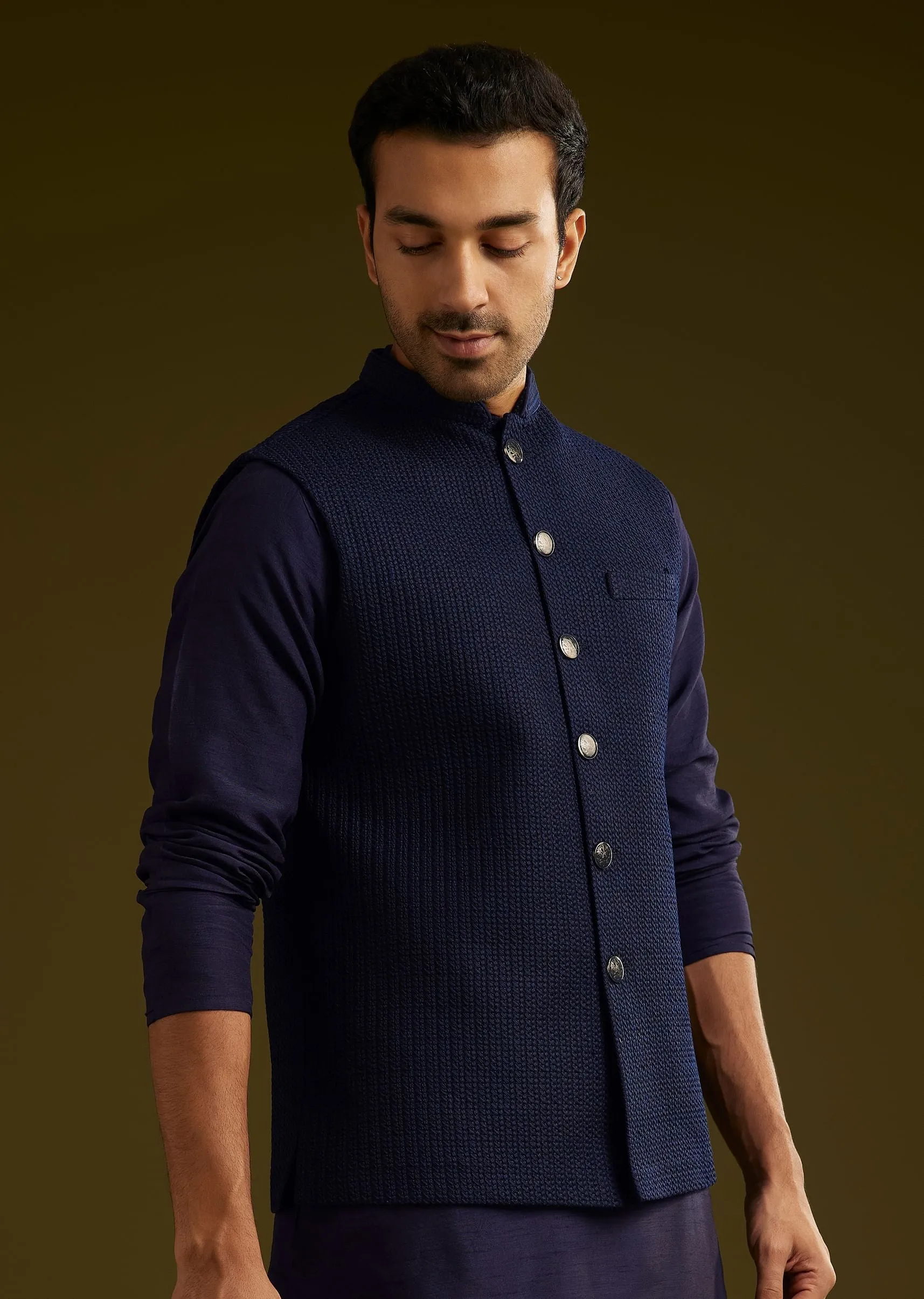 Blue Rayon Kurta Jacket Set