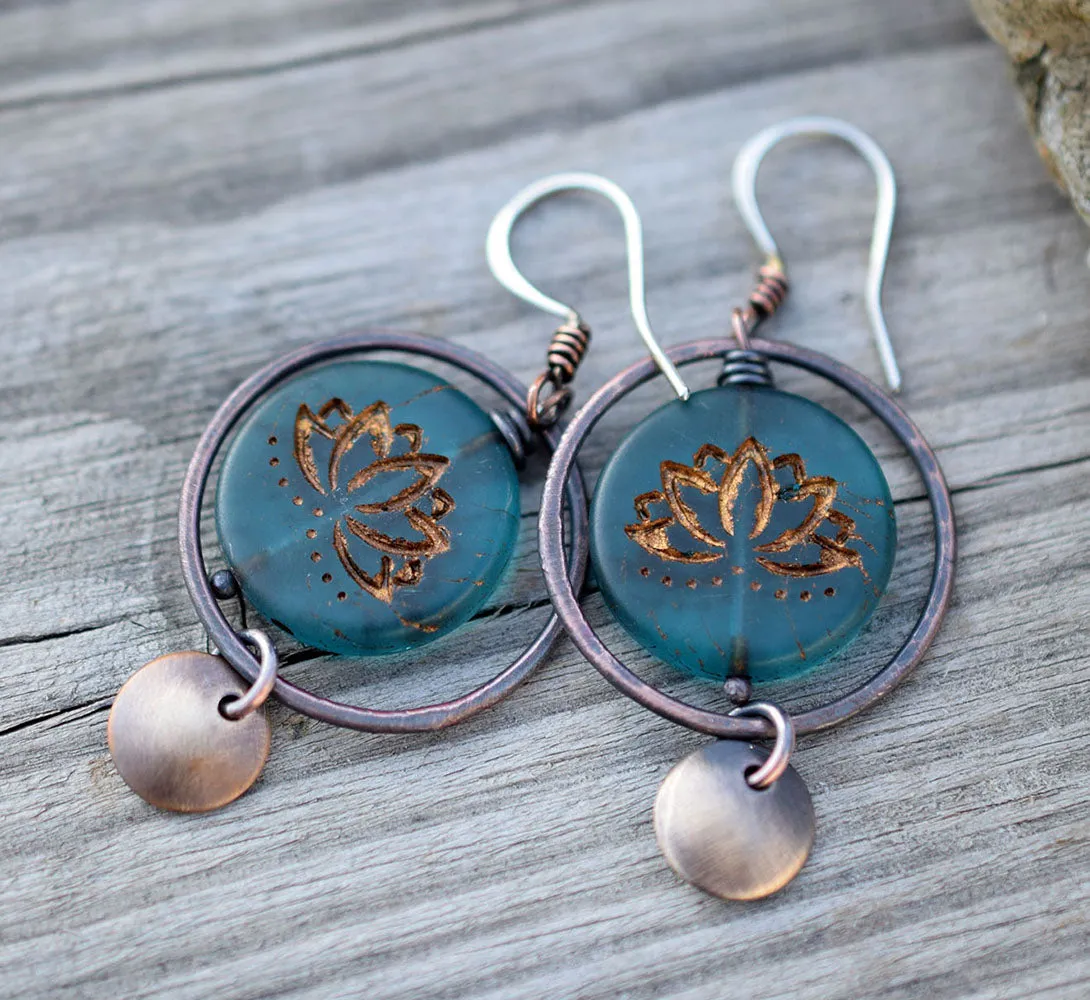 Boho Style Hoops. Handcrafted Jewelry. Teal Blue Lotus Rustic Copper   Brass Hoops. Handcrafted Bohemian Jewelry. 30402