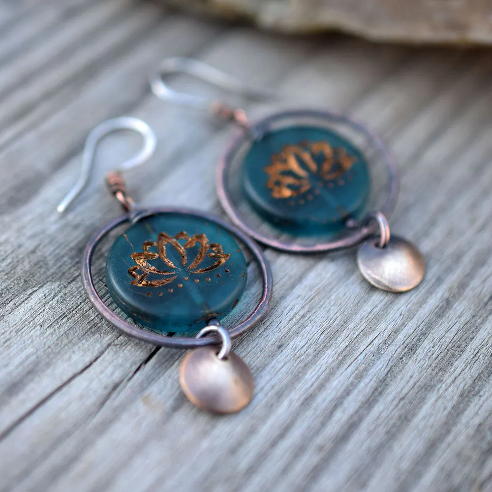 Boho Style Hoops. Handcrafted Jewelry. Teal Blue Lotus Rustic Copper   Brass Hoops. Handcrafted Bohemian Jewelry. 30402