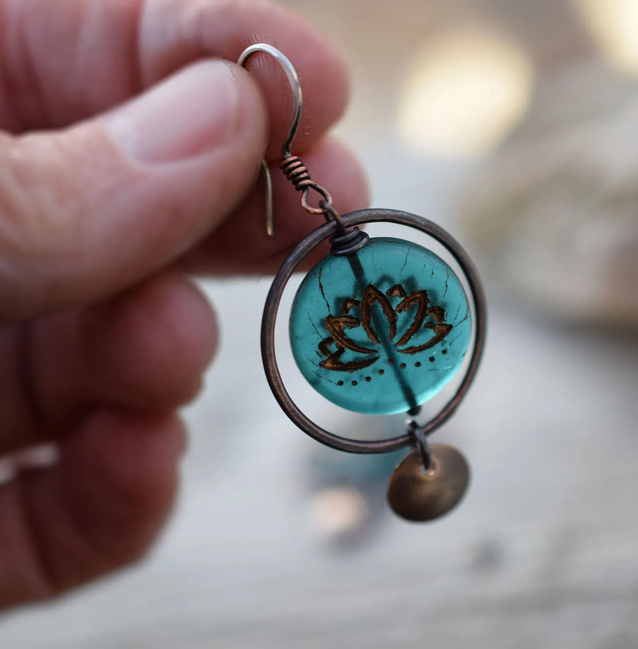 Boho Style Hoops. Handcrafted Jewelry. Teal Blue Lotus Rustic Copper   Brass Hoops. Handcrafted Bohemian Jewelry. 30402