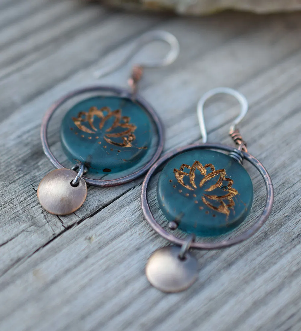 Boho Style Hoops. Handcrafted Jewelry. Teal Blue Lotus Rustic Copper   Brass Hoops. Handcrafted Bohemian Jewelry. 30402