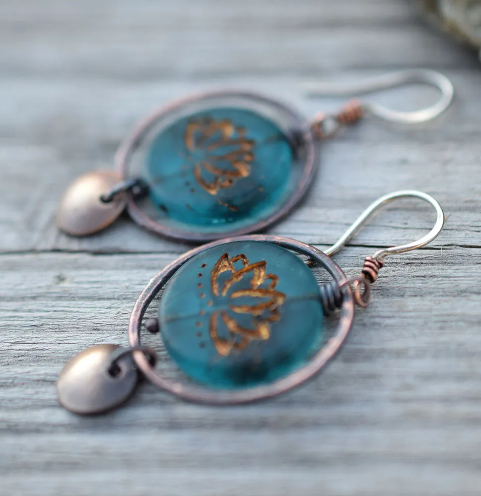Boho Style Hoops. Handcrafted Jewelry. Teal Blue Lotus Rustic Copper   Brass Hoops. Handcrafted Bohemian Jewelry. 30402