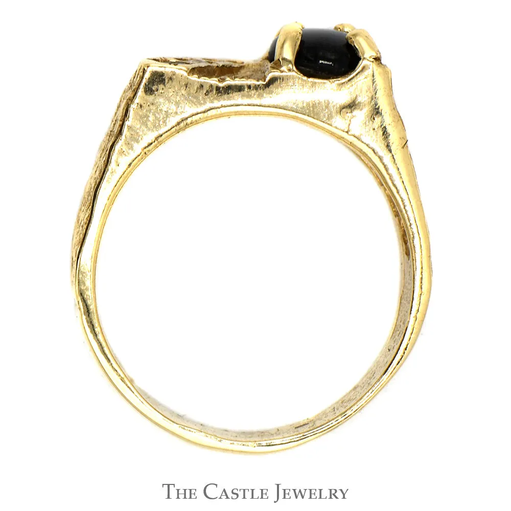 Cabochon Black Star Sapphire with Diamond Accents in 10k Yellow Gold Bark Designed Mounting