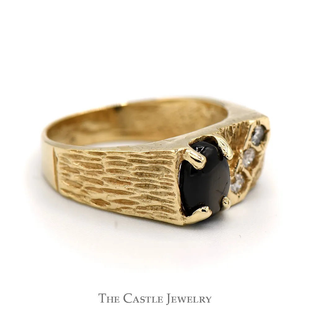 Cabochon Black Star Sapphire with Diamond Accents in 10k Yellow Gold Bark Designed Mounting
