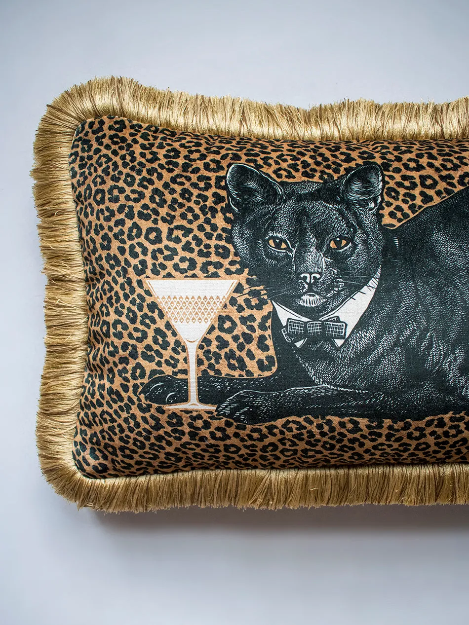 Cat-titude 'Gold' Fringed Rectangle Velvet Cushion