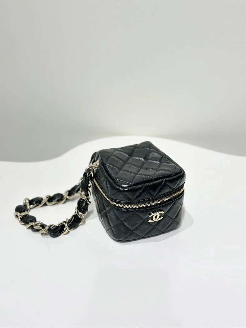 Chanel Box Black Leather Quilted Chain Shoulder Bag Small Size
