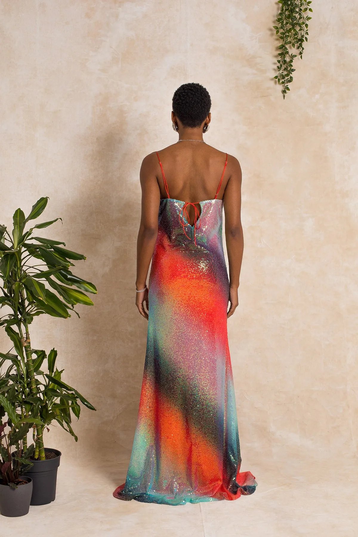 Cherry Glaze Ombre Sequin Cowl Neck Dress
