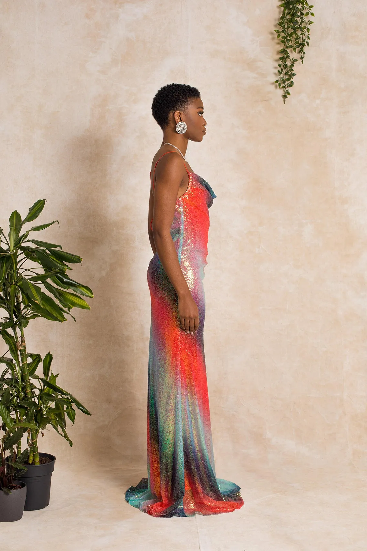 Cherry Glaze Ombre Sequin Cowl Neck Dress