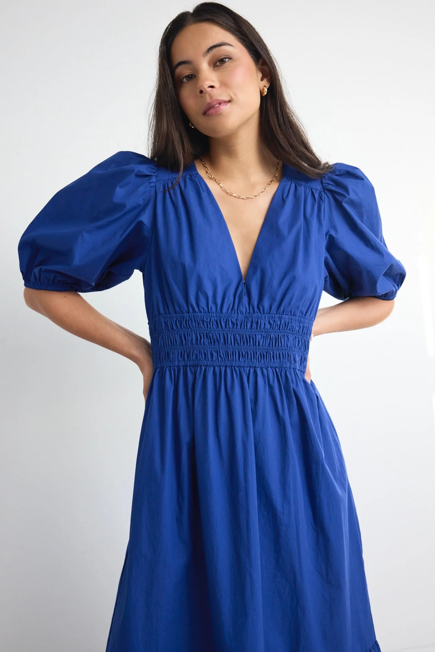 Circa Navy SS Deep V Midi Dress