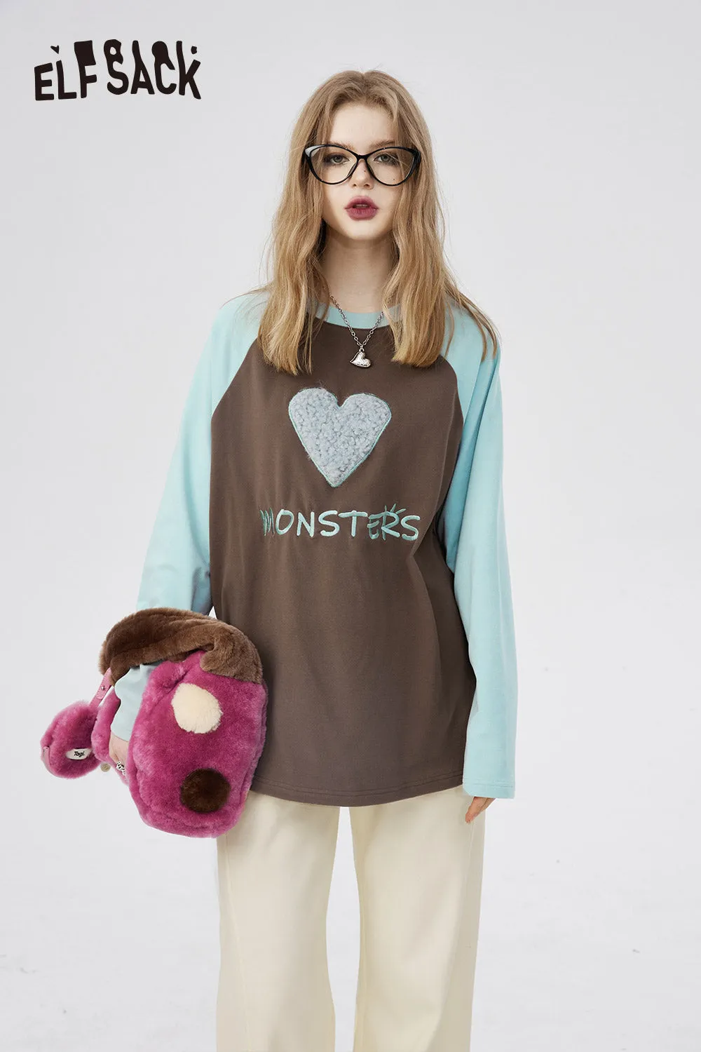 ELFSACK Underwear Women Bottoming Shirt Spring Slim Basic Long-Sleeved T-Shirt Loose Heart Embroidered 2024 Spring New