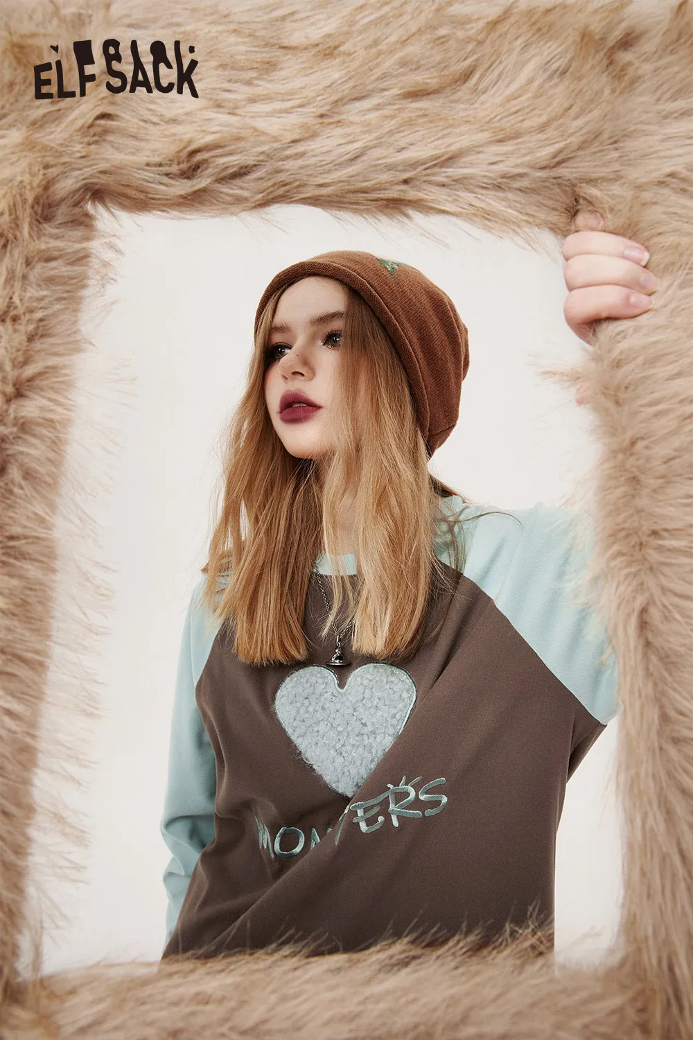 ELFSACK Underwear Women Bottoming Shirt Spring Slim Basic Long-Sleeved T-Shirt Loose Heart Embroidered 2024 Spring New