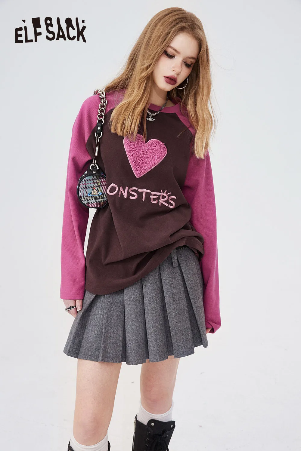 ELFSACK Underwear Women Bottoming Shirt Spring Slim Basic Long-Sleeved T-Shirt Loose Heart Embroidered 2024 Spring New