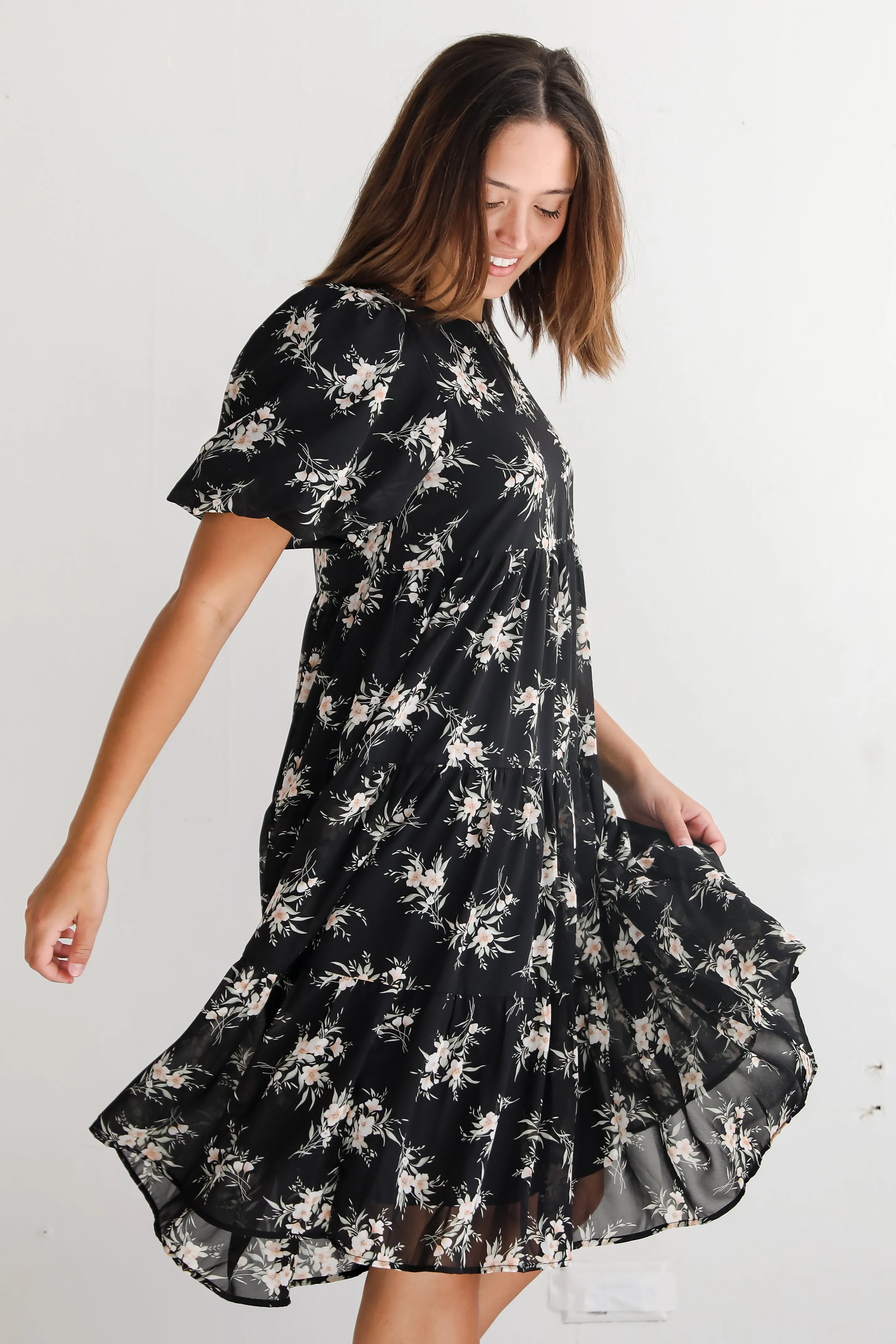 FINAL SALE - Perfectly Cherished Black Floral Tiered Midi Dress