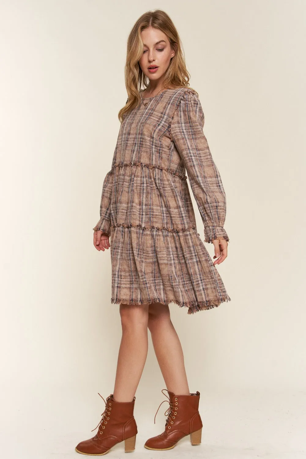 Full Size Washed Frayed Tiered Plaid Dress