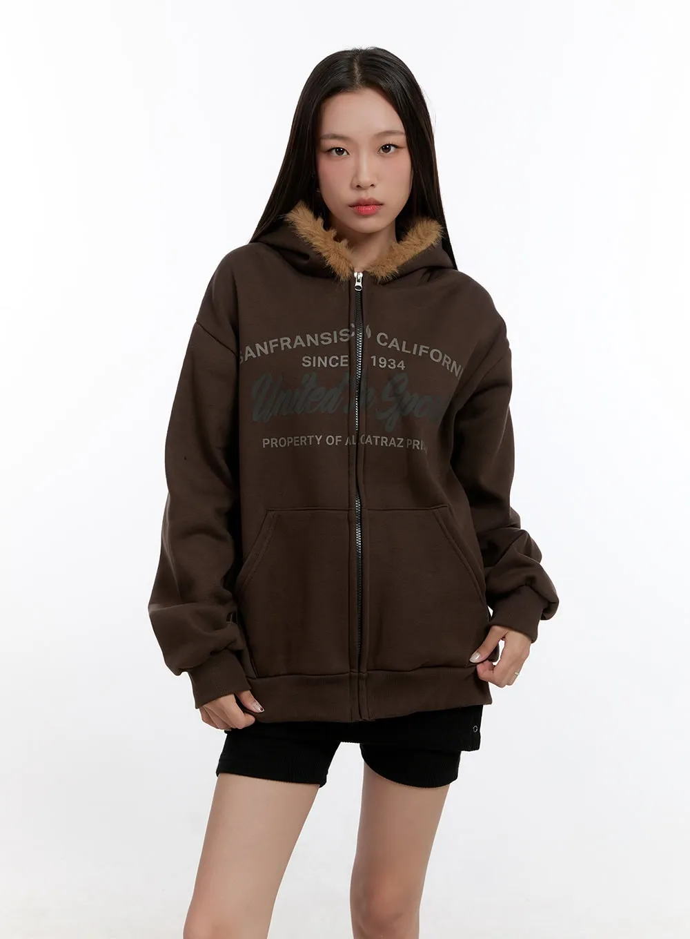 Fuzzy Hooded Lettering Sweatshirt CN421