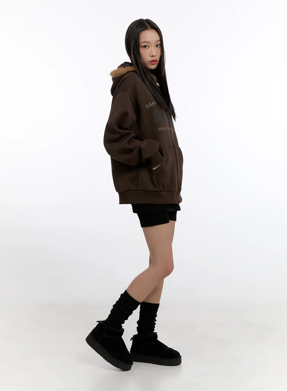 Fuzzy Hooded Lettering Sweatshirt CN421