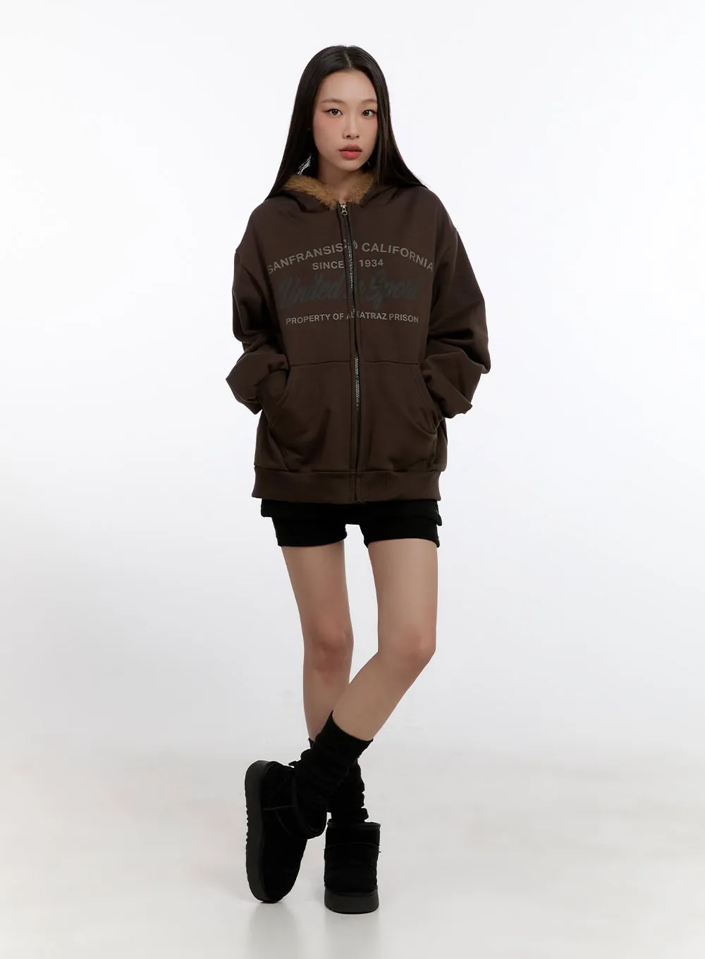 Fuzzy Hooded Lettering Sweatshirt CN421