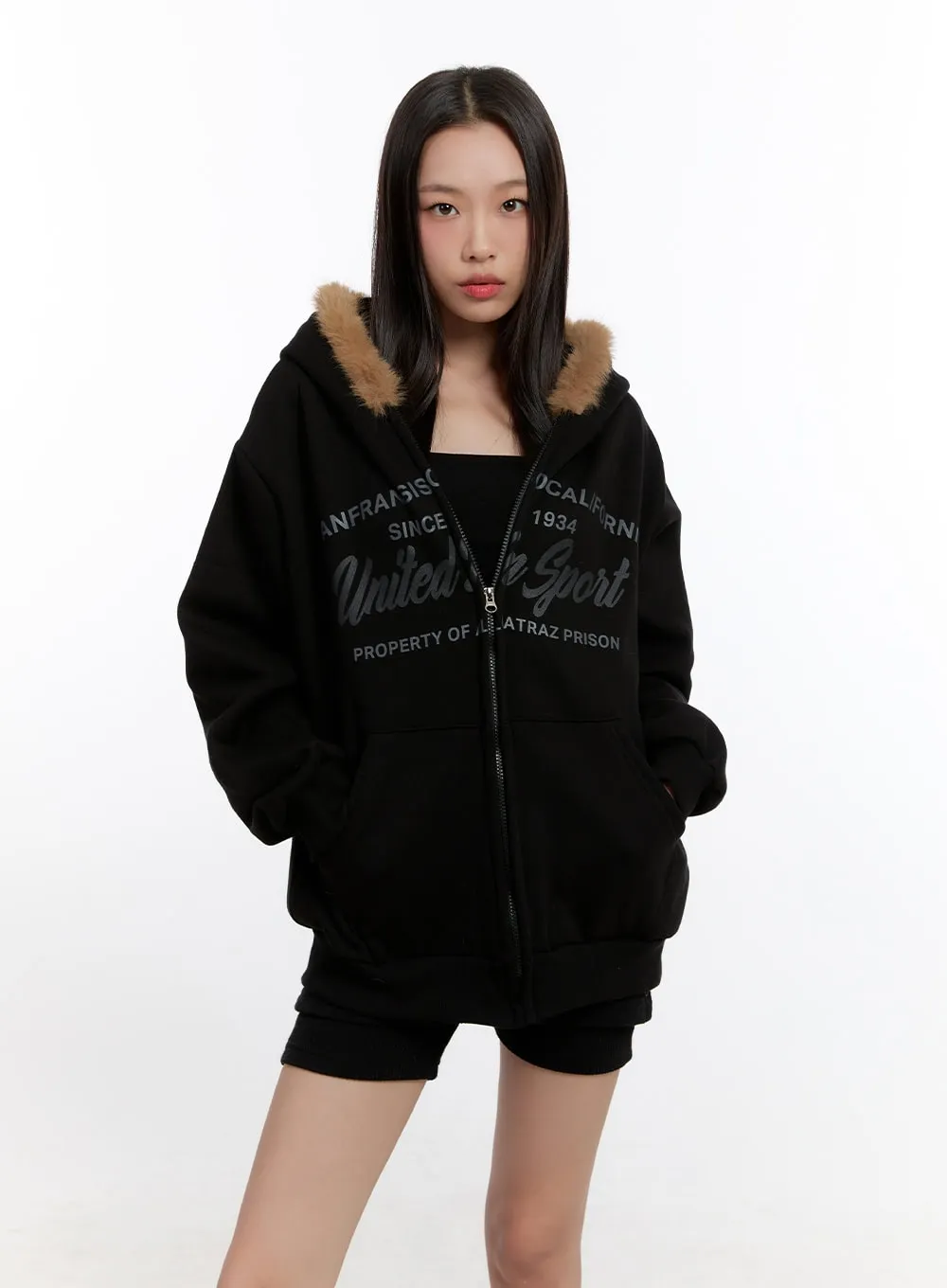 Fuzzy Hooded Lettering Sweatshirt CN421