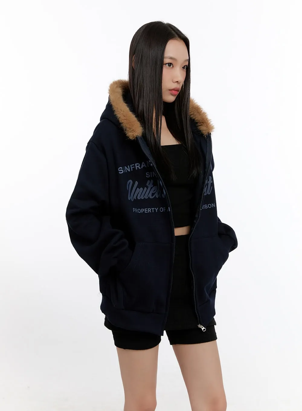 Fuzzy Hooded Lettering Sweatshirt CN421