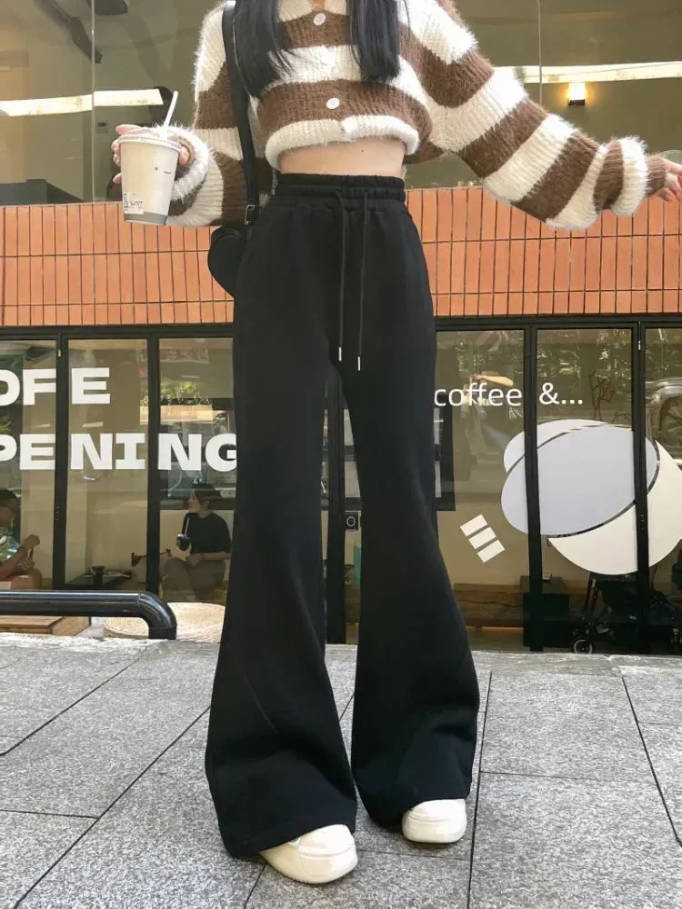 Girlary Korean Style Grey Brushed Pants Women Gyaru Kpop Wide Leg Flared Sweatpants Y2k American Retro Oversize Jogger Trousers