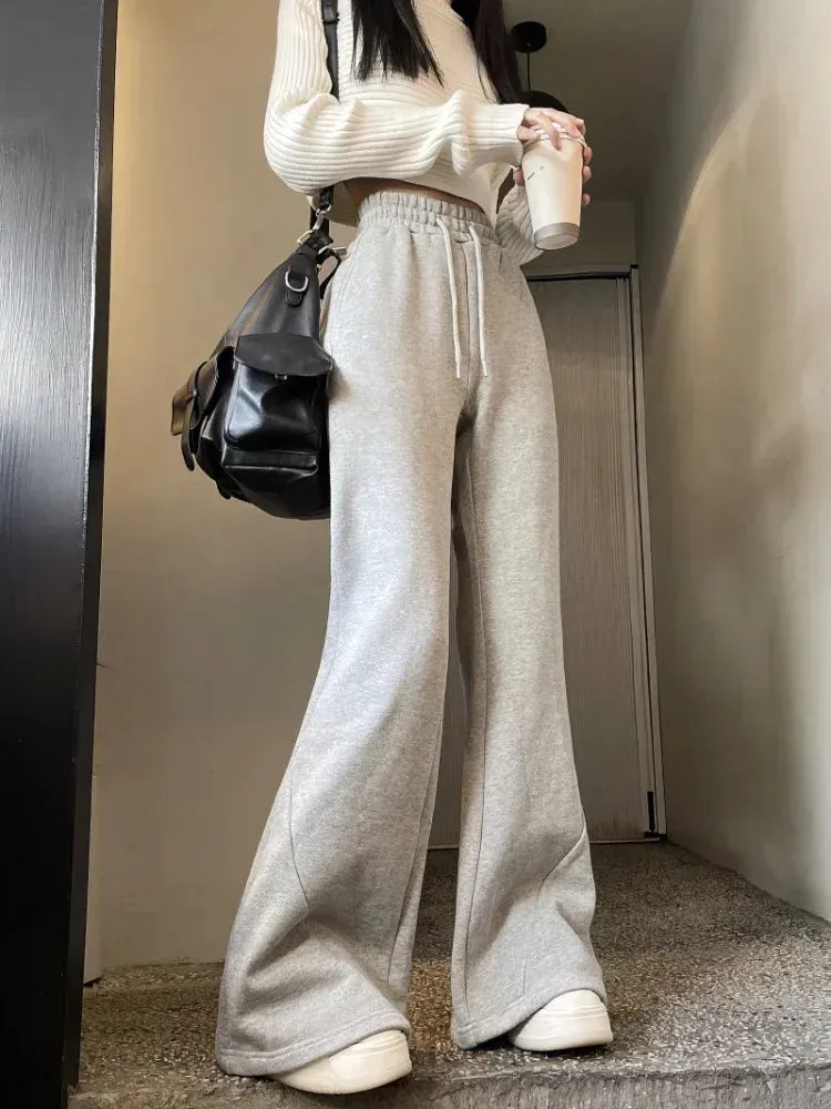 Girlary Korean Style Grey Brushed Pants Women Gyaru Kpop Wide Leg Flared Sweatpants Y2k American Retro Oversize Jogger Trousers